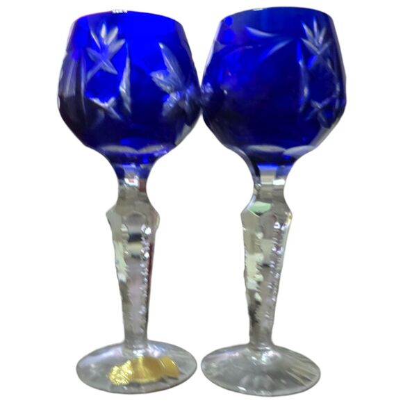 2 Piece German Wine Hocks Glasses Cobalt Blue Cut To Clear Crystal - Picture 1 of 7
